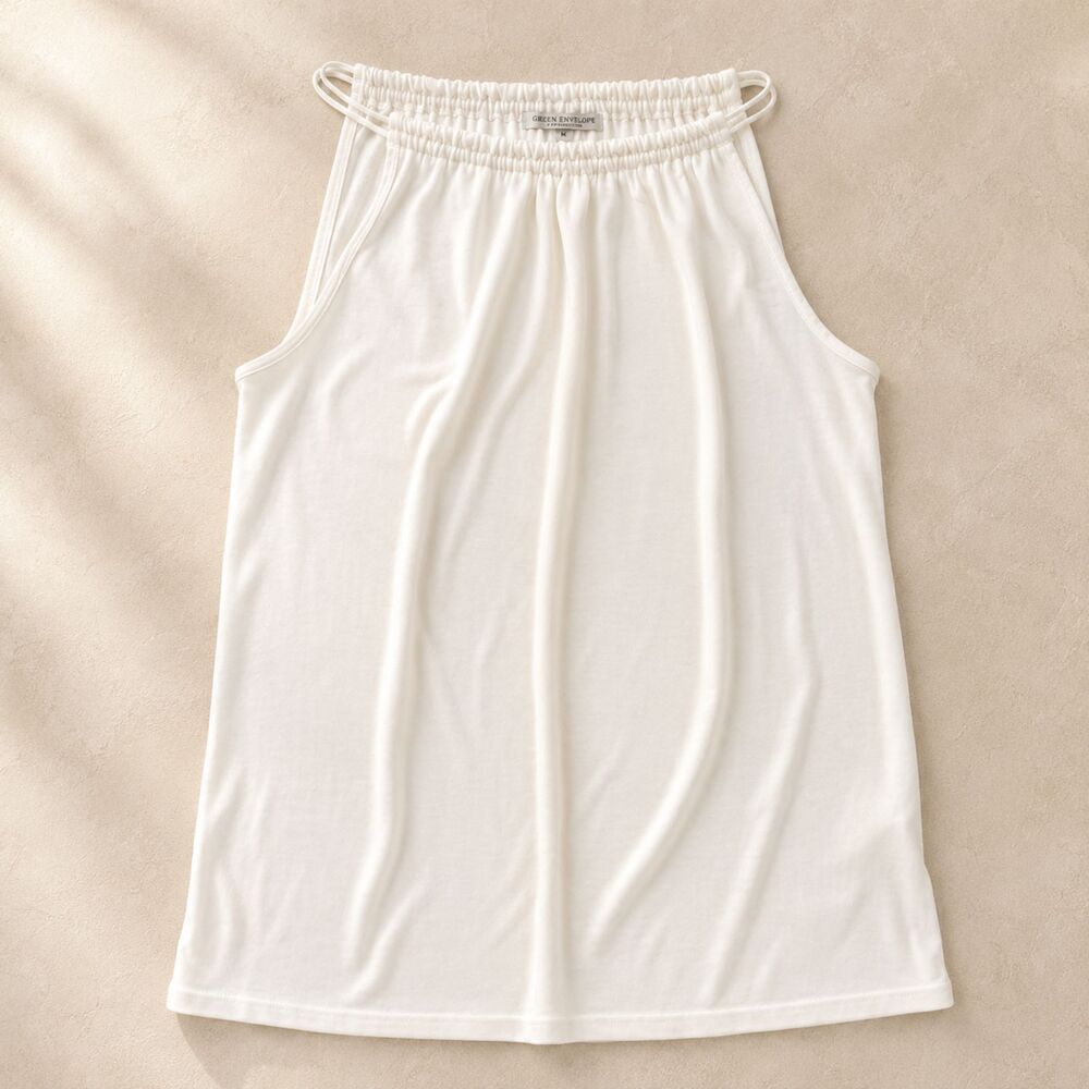 Green Envelope White Sleeveless Halter Top Womens Gathered Neck Stretch Knit - M